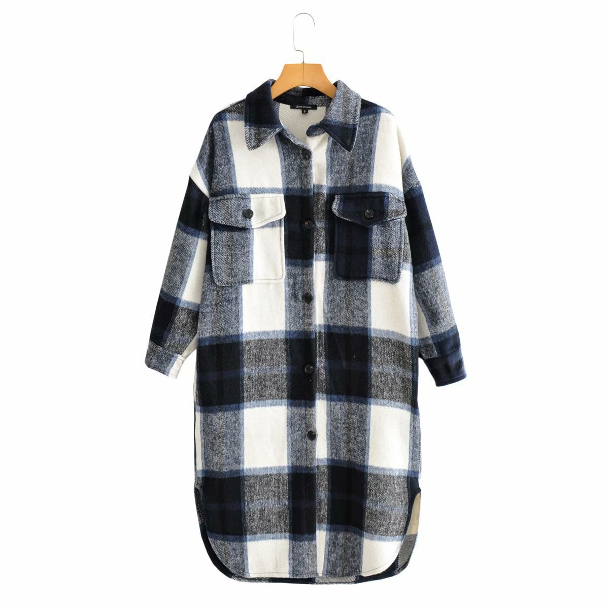 Women's Longline Check Shirt Jacket with Patch Pockets Chichicherry