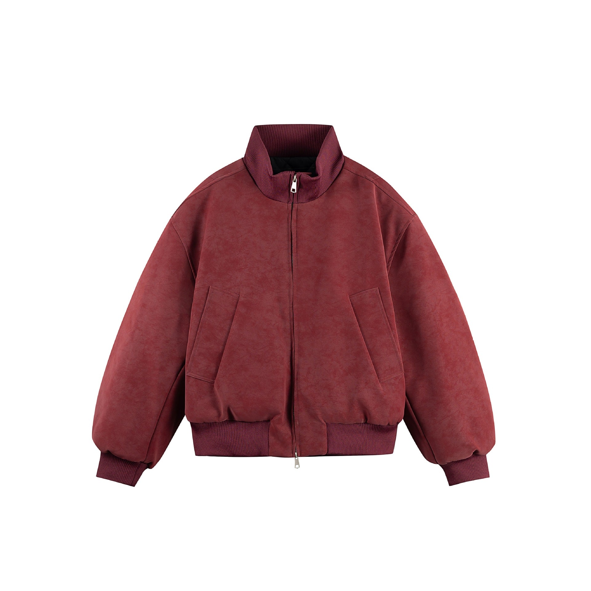 Women's Boxy Bomber Jacket in Vintage Suede Look with High Ribbed Collar and Kangaroo Pockets Chichicherry