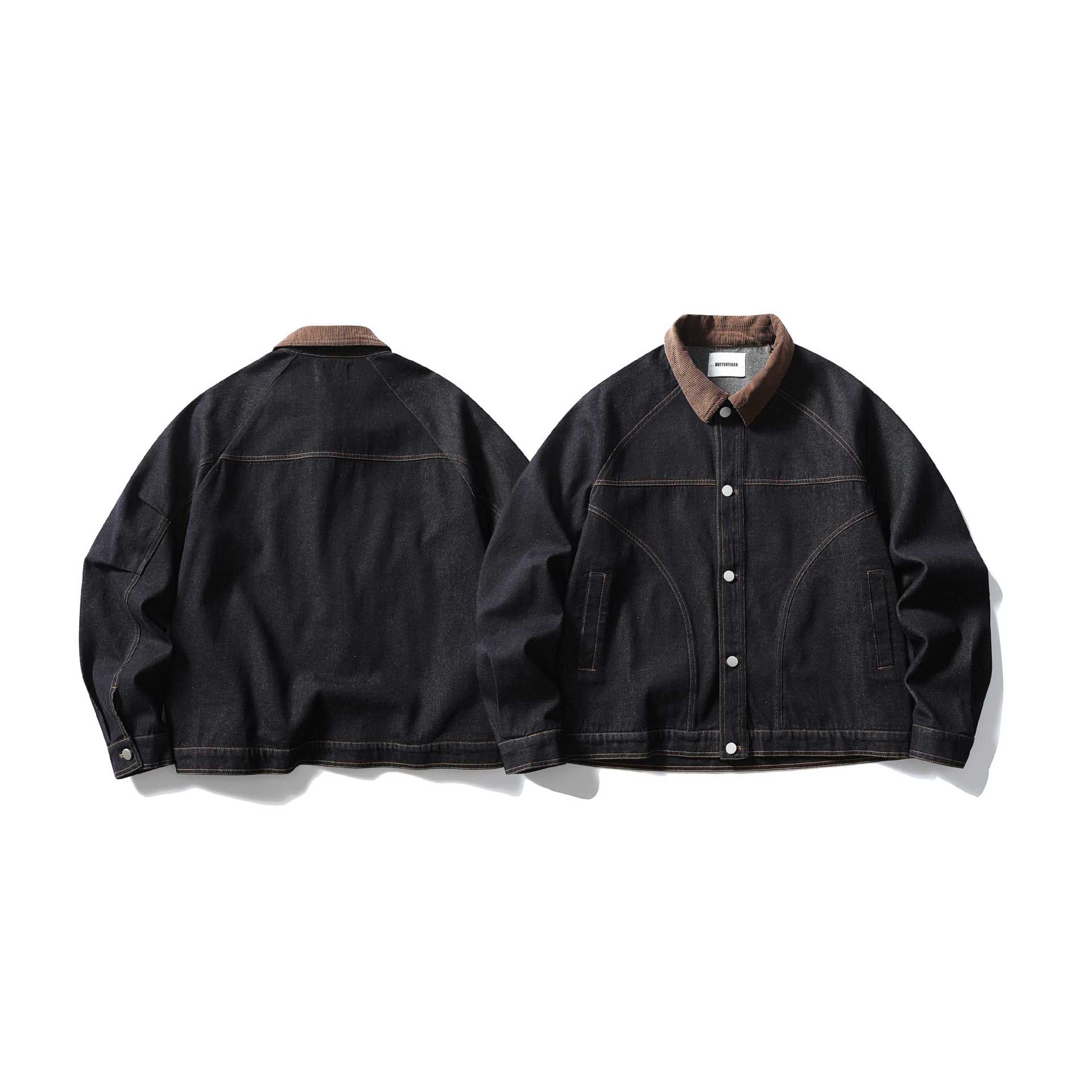 Men's Boxy Denim Jacket with Cord Collar and Snap Button Placket Chichicherry