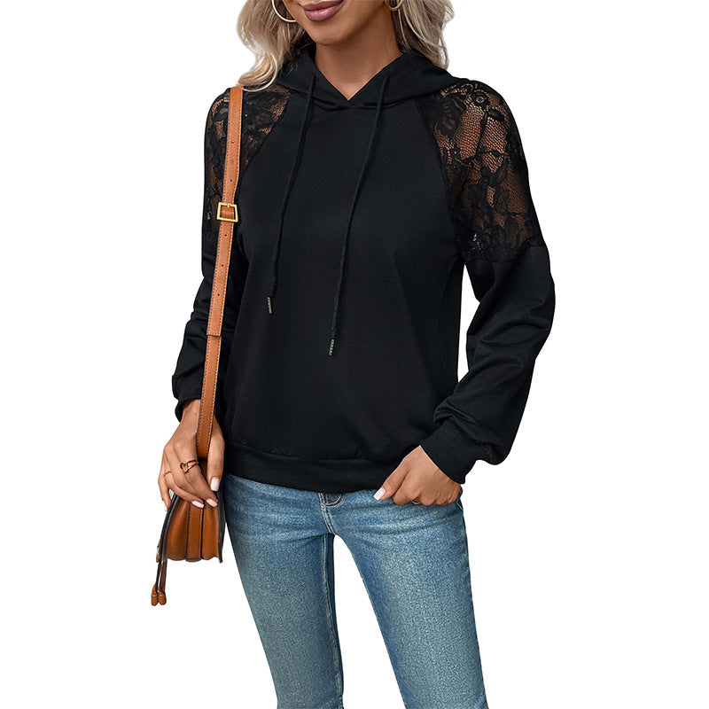 Women's hooded sweater with lace shoulder insert, raglan sleeves, and casual fit Chichicherry