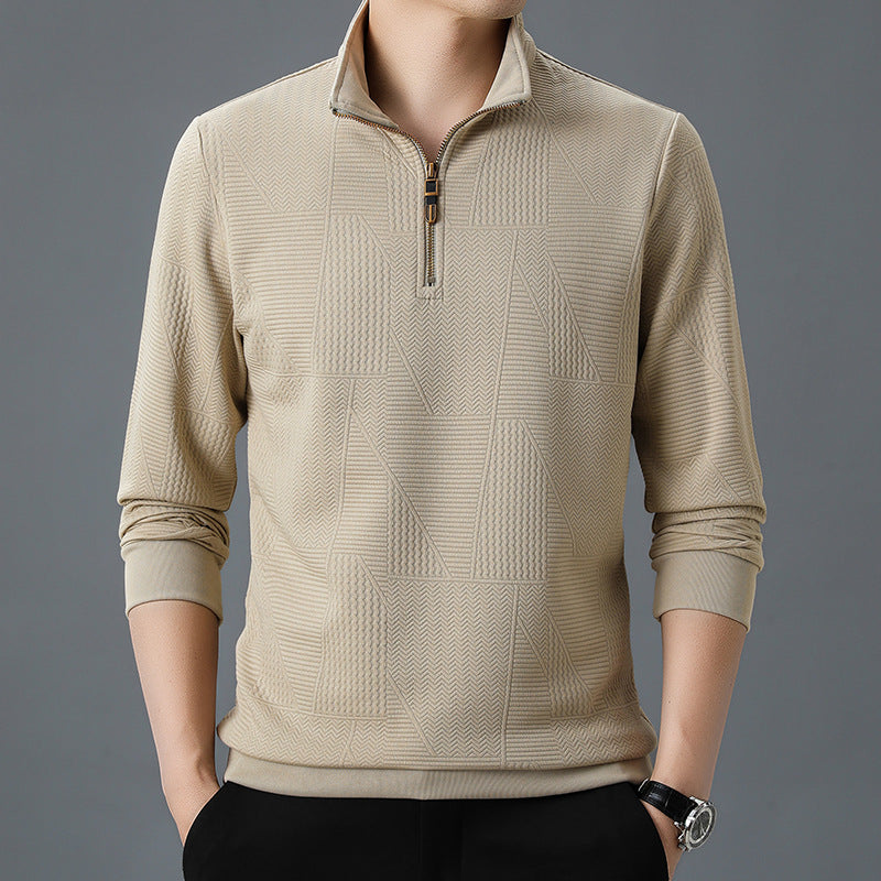 Men's Structured Pullover with Half Zipper High Stand Collar and Geometric Relief Structure Chichicherry