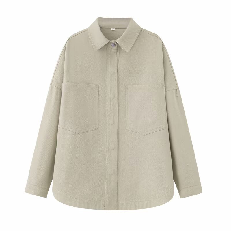 Women's Oversize Jeans Shirt Jacket in Boxy Cut with Patch Chest Pockets and Rounded Hem Chichicherry