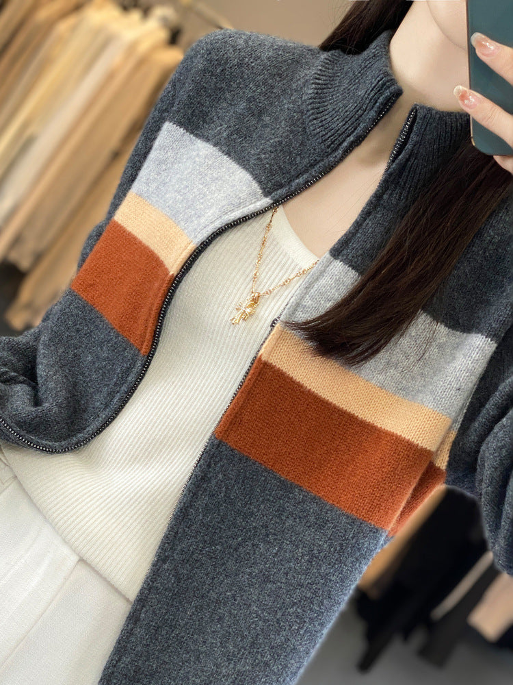 Women's Zip-Up Knit Cardigan made of soft wool blend with block stripes and ribbed hem Chichicherry
