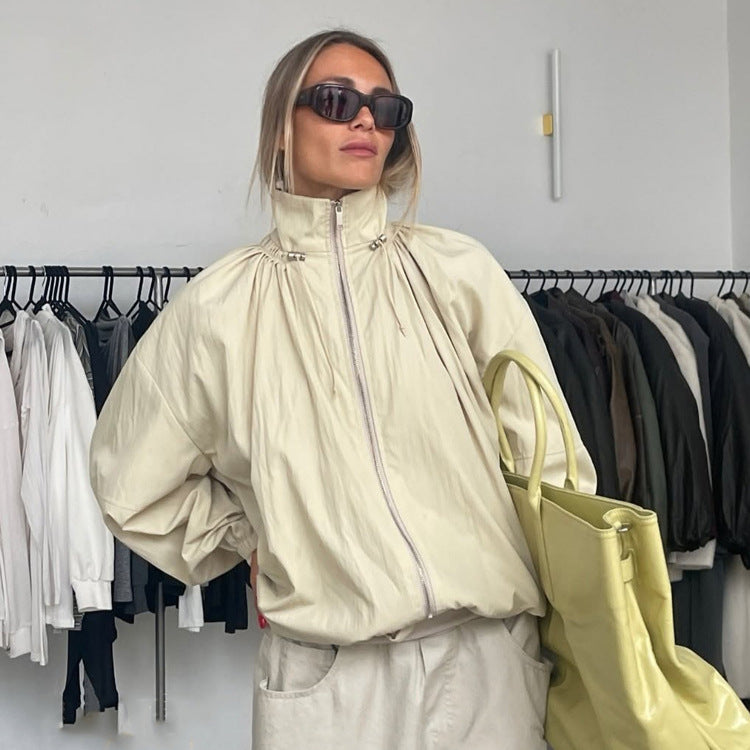 Women's Oversize Windbreaker with high stand-up collar, drawstring shoulder yoke, and balloon sleeves Chichicherry