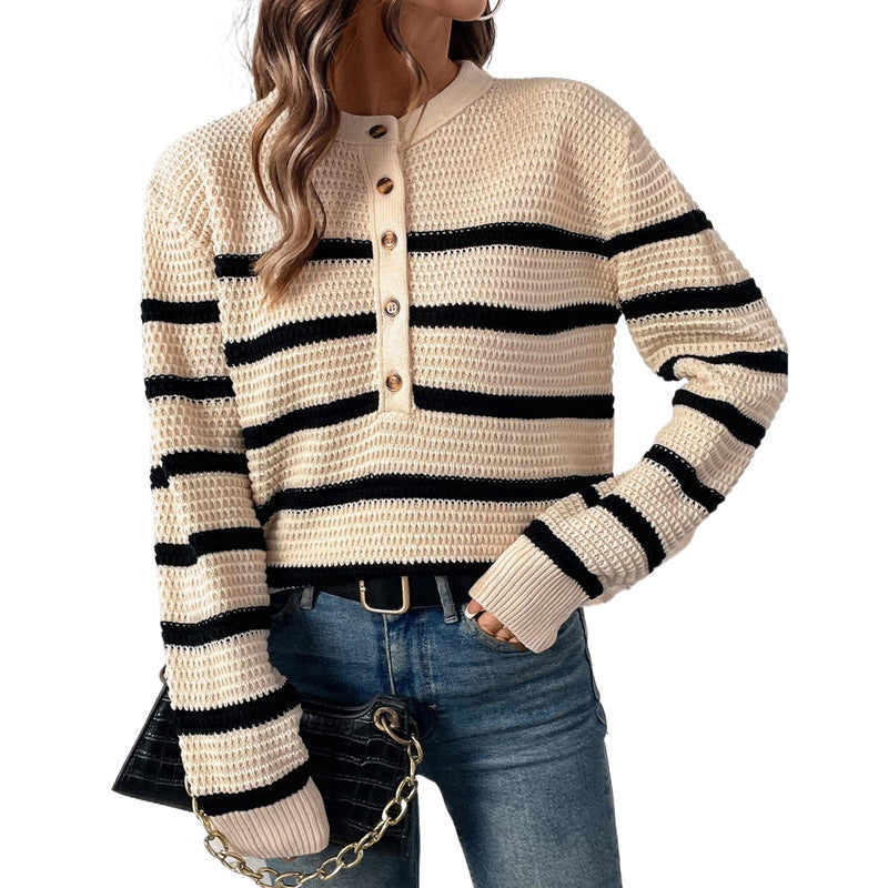 Women's Striped Waffle Knit Henley Sweater with Button Placket Chichicherry
