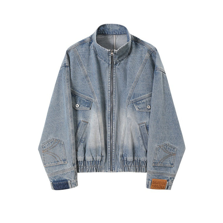 Damen Oversized Jeansjacke mit Stehkragen, Reißverschluss und elastischem Saum Chichicherry