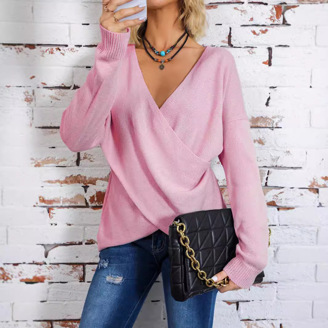 Women's Wrap Knit Sweater with Deep V-Neck and Drop Shoulders Chichicherry