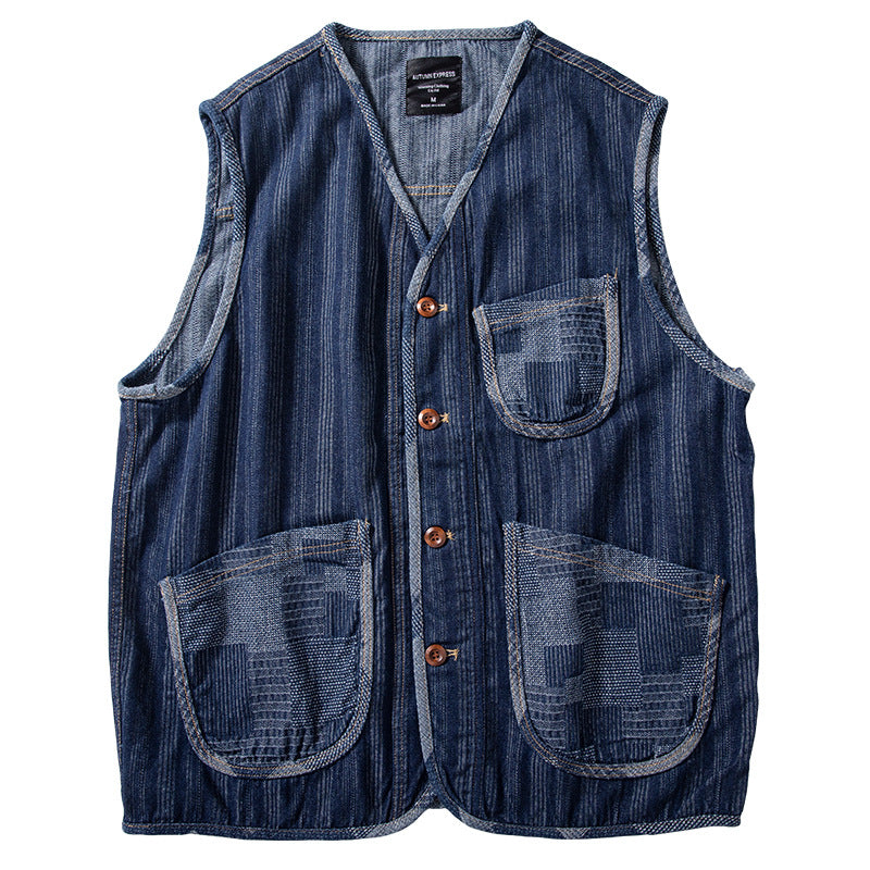 Herren Ärmellose Denim‑Weste im Workwear‑Look mit großformatigen aufgesetzten Taschen Chichicherry