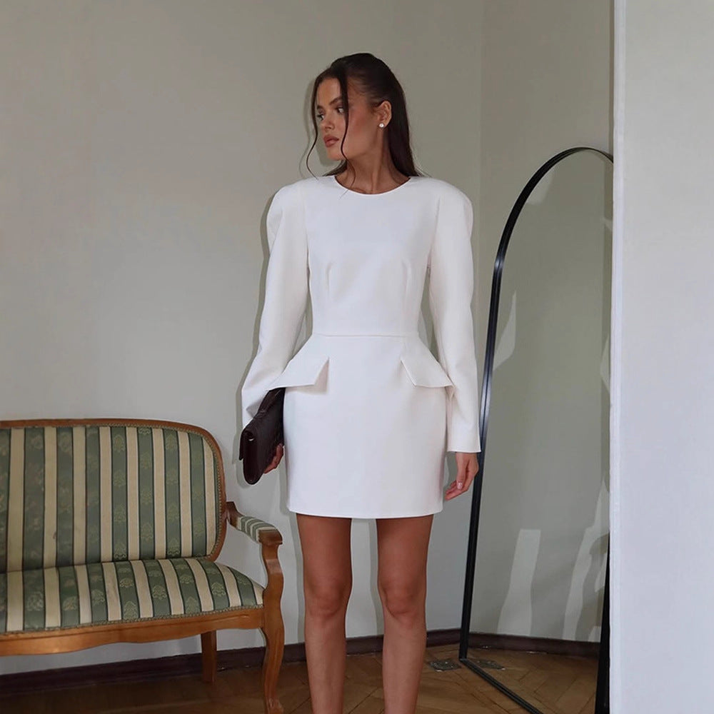Women Tailored Minidress with Structured Shoulders, Long Sleeves and Suggested Peplum Chichicherry