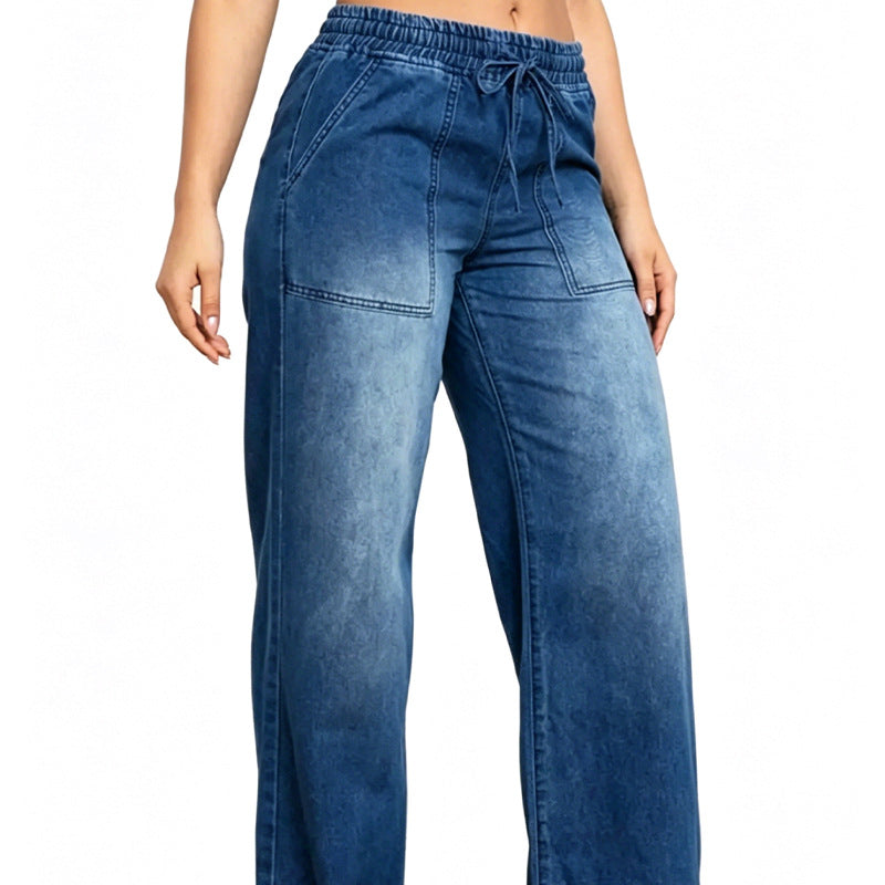 Women's Wide High-Waist Jeans with Elastic Waistband and Drawstring Chichicherry