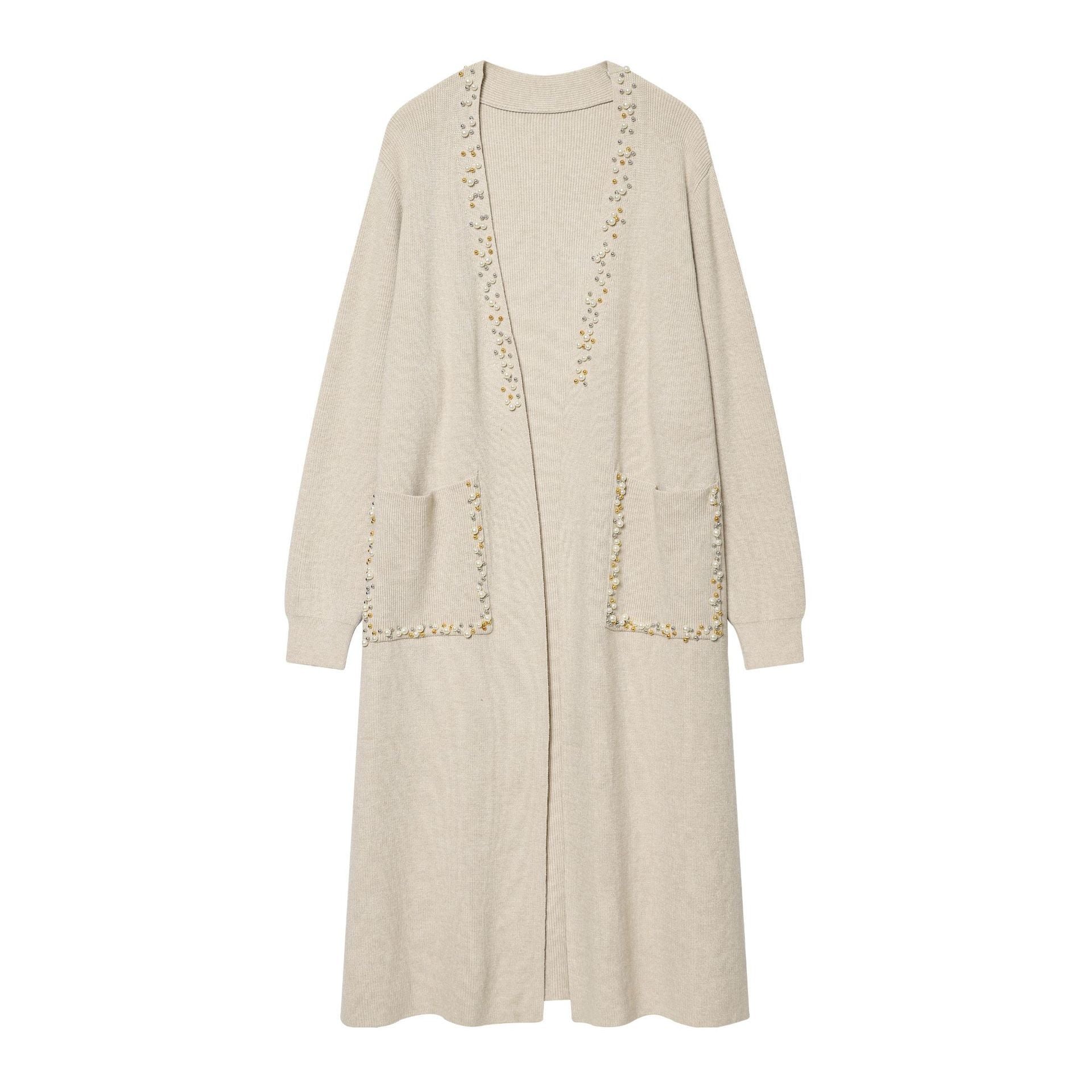 Women's long knitted cardigan with pearl trim and patch pockets Chichicherry