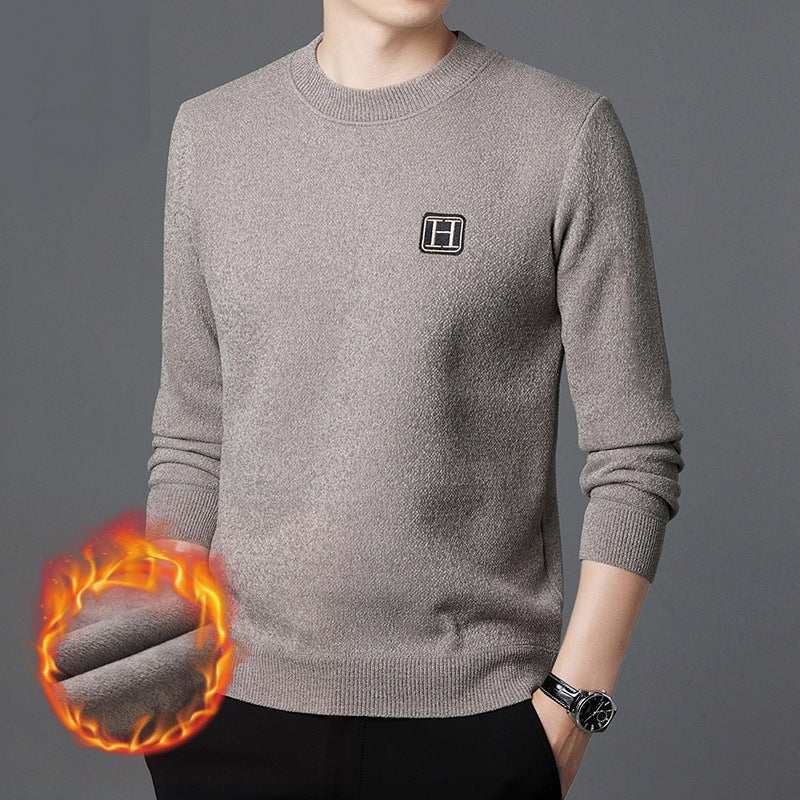 Herren Feiner Thermo-Rundhalspullover aus wärmendem Microfleece mit Slim‑Fit und Logopatch Chichicherry