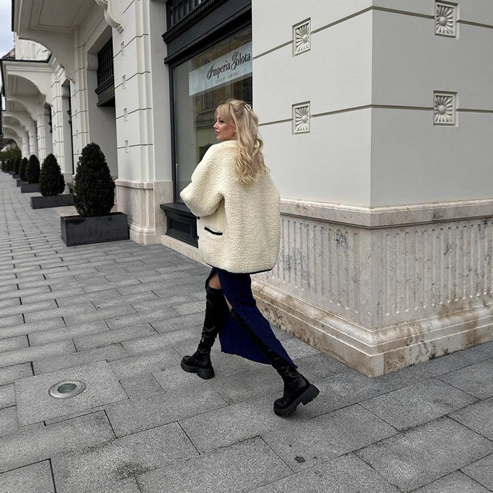 Women Boxy Teddy-Fleece Jacket with Toggle Fastenings and Contrast Edges Chichicherry