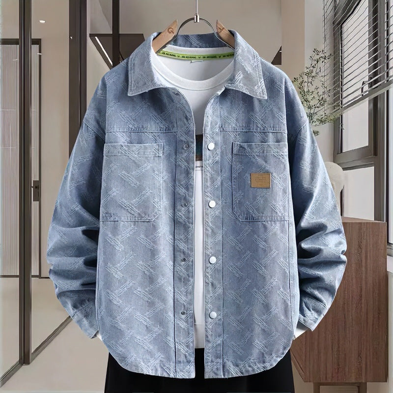 Herren Jeans-Overshirt mit dezenter Struktur-Jacquard, Druckknopf‑Brusttaschen und Hemdkragen Chichicherry