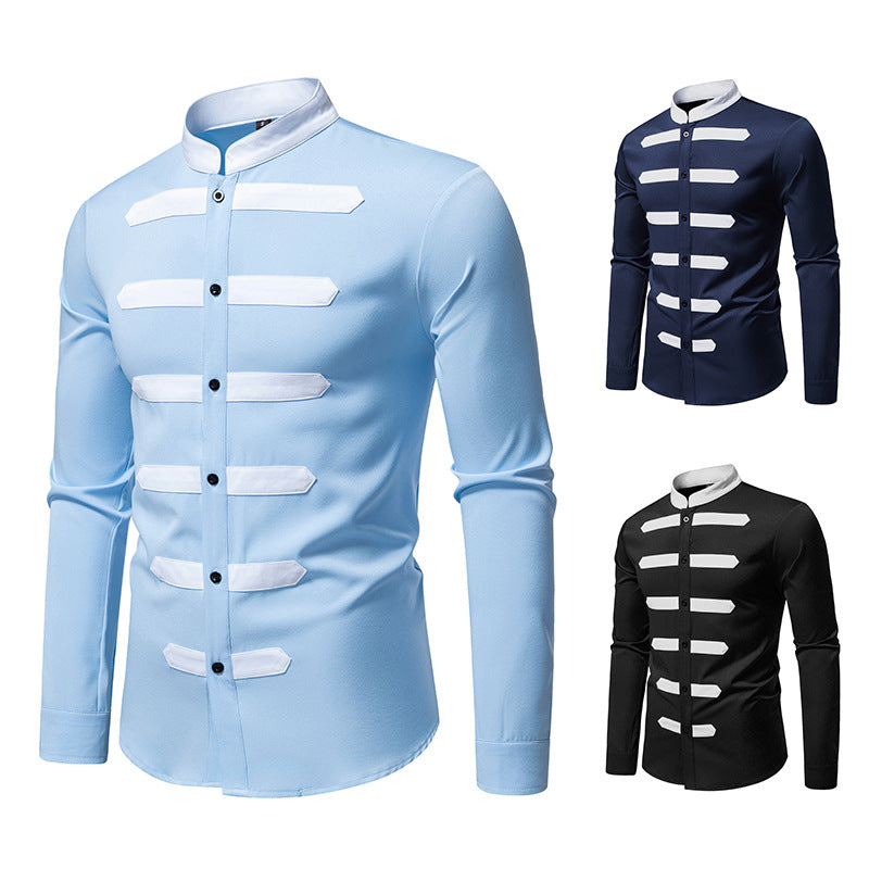 Men's Slim-Fit Shirt with Stand Collar and Decorative Piping Stripes Chichicherry