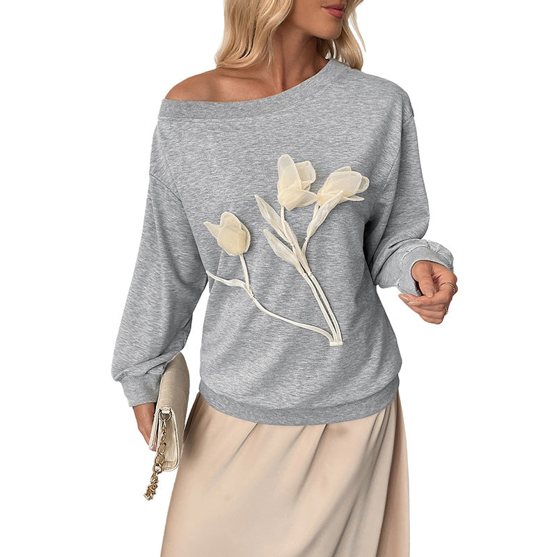 Women's Loose Off-Shoulder Sweatshirt with 3D Flower Appliqué and Dropped Shoulder