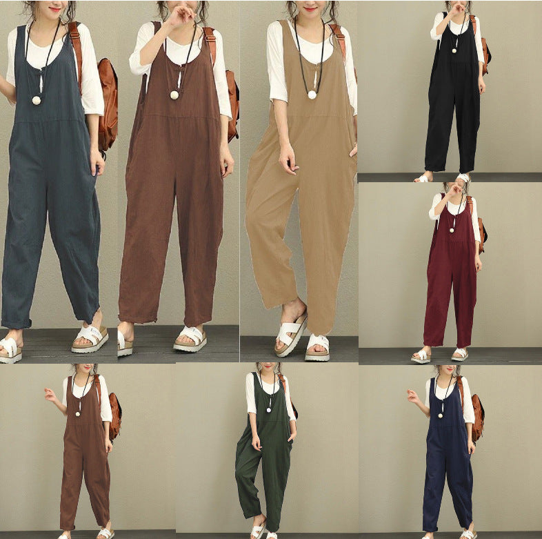 Women Casual Harem Jumpsuit made of Linen with Adjustable Straps and Side Pockets Chichicherry