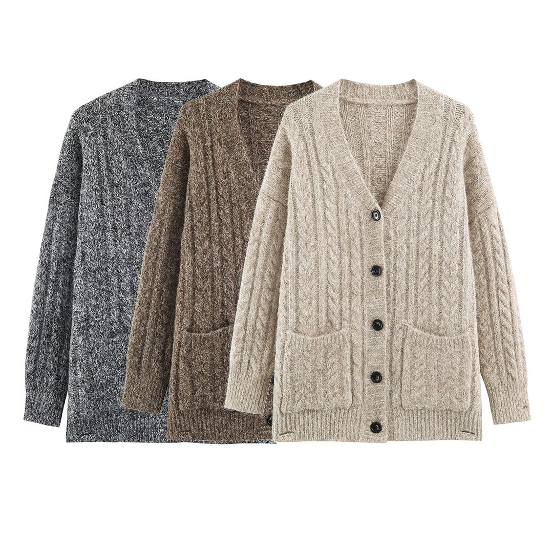 Women Large Knitted Oversize Cardigan with Cable Knit V-Neck and Patch Pockets Chichicherry