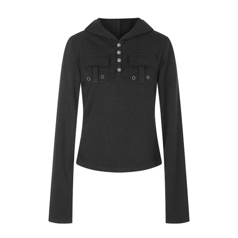 Women's Lightweight Hoodie Long Sleeve Shirt with Henley Button Placket and Patch Chest Pockets Chichicherry
