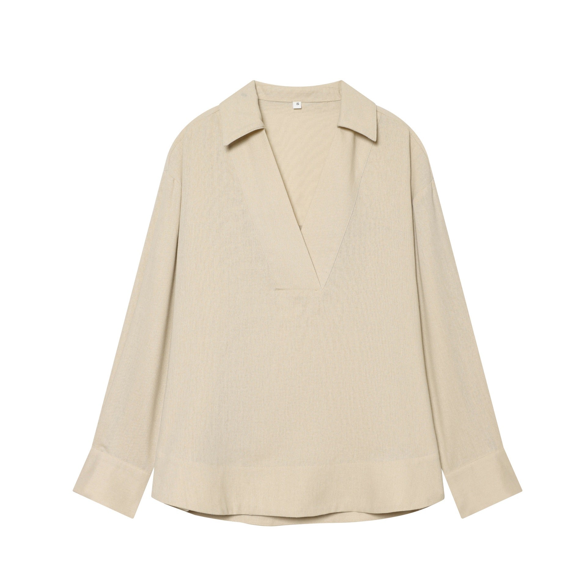 Women's loosely falling linen-look blouse with V-neck, shirt collar, and cuffed sleeves Chichicherry