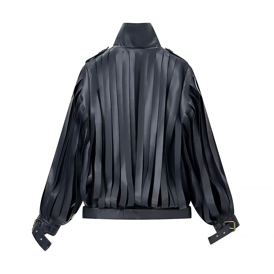 Ladies Faux Leather Fringe Blouson with Stand-up Collar and Waist Belt Chichicherry