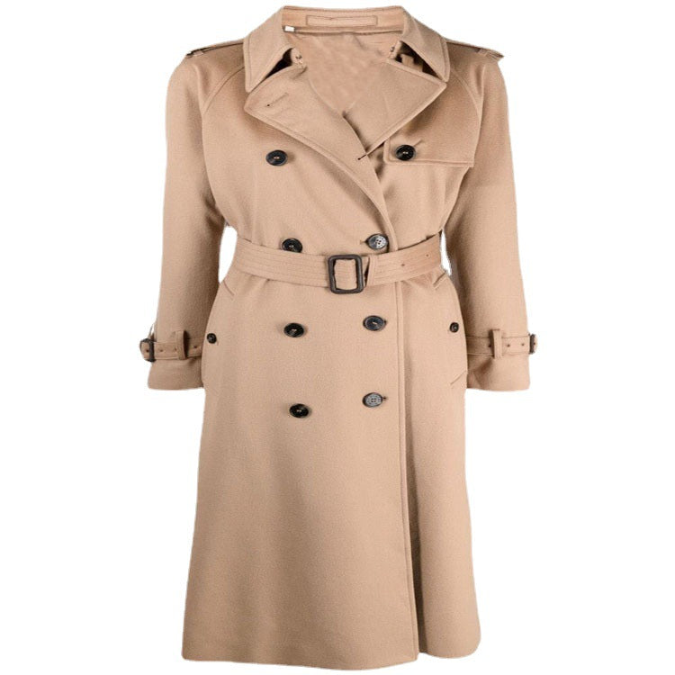 Women's Midi Length Wool Blend Trench Coat in Tailoring with Double Breasted, Waist Belt and Epaulettes Chichicherry