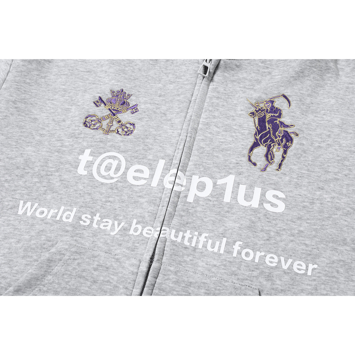 Unisex Hooded Zip Jacket with Embroidered Crest and Front Print Chichicherry