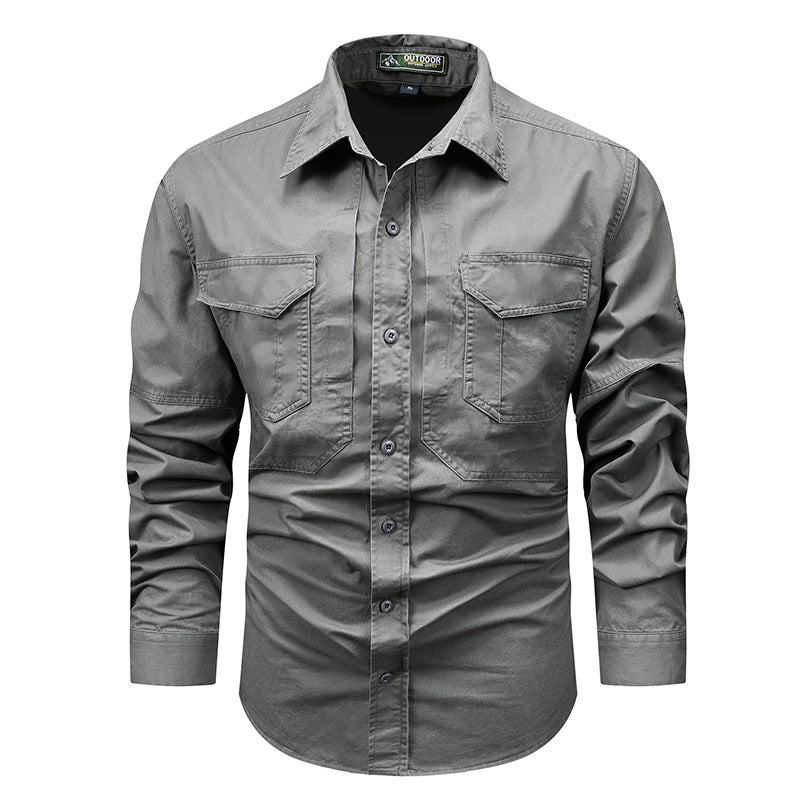 Men's Long Sleeve Canvas Field Shirt with Chest Flap Pockets Chichicherry