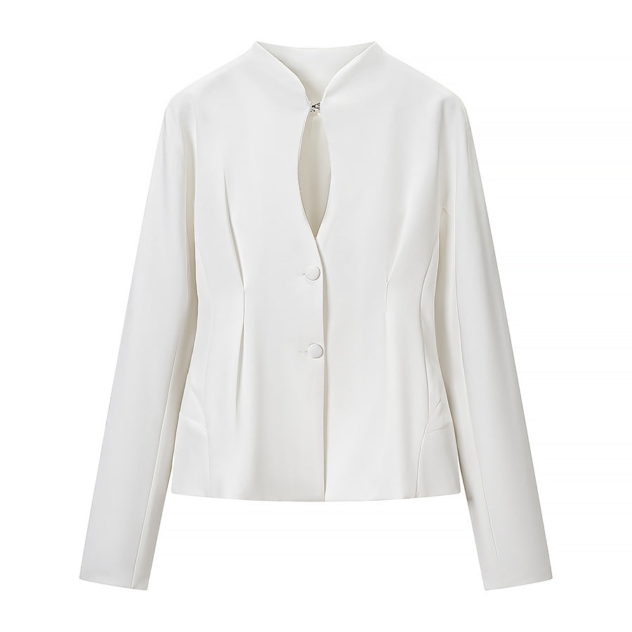 Women's Tailored Collarless Blazer Jacket with Concealed Button Placket and Figure-Hugging Darts Chichicherry