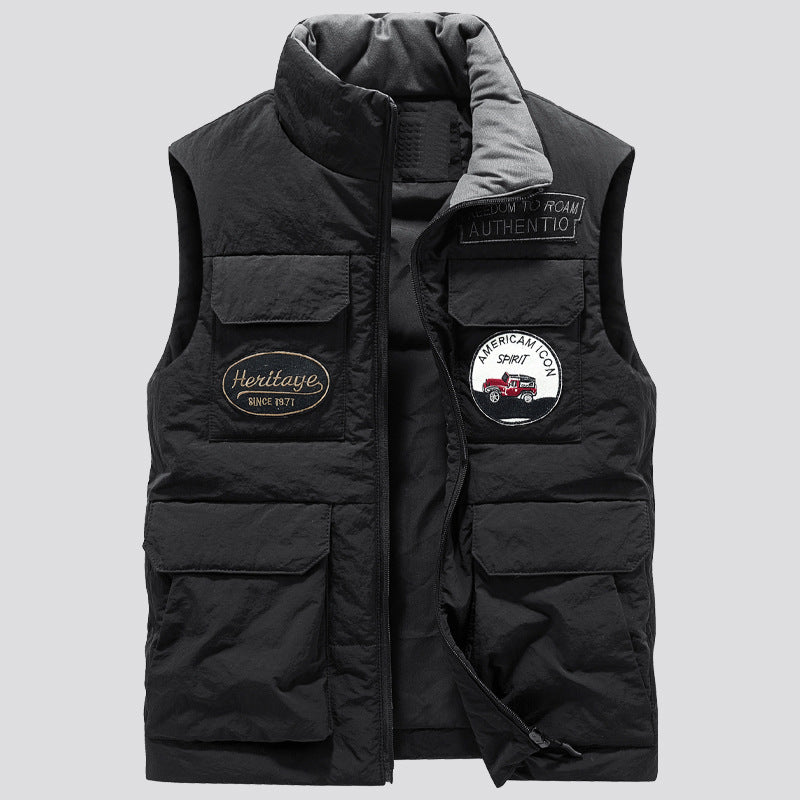 Men's Padded Utility Vest with Multiple Pockets and Badge Patches Chichicherry
