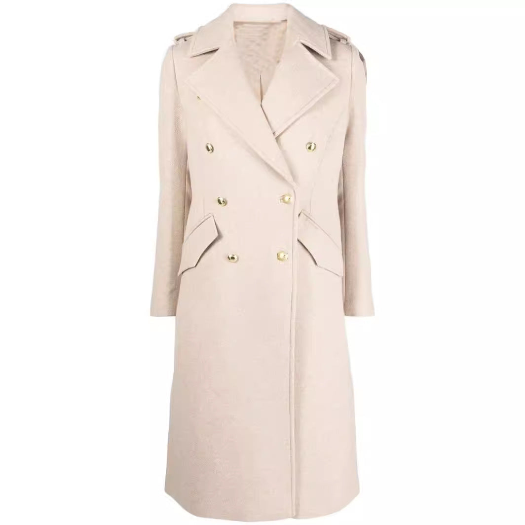 Women Mid-length double-breasted tailoring coat with fitted seam and decorative straps Chichicherry