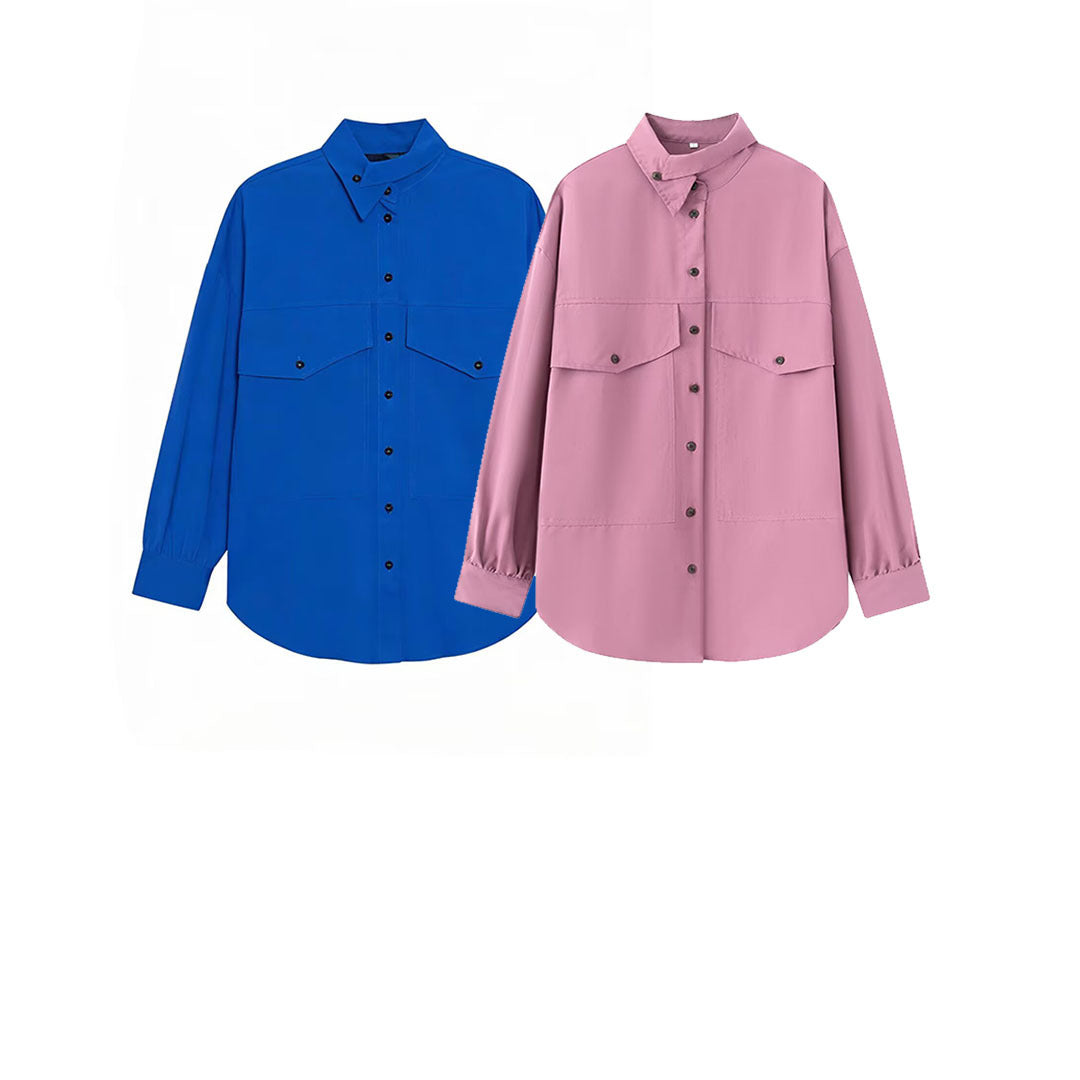 Women's Oversized Utility Shirt Blouse with Drop Shoulder, Flap Pockets and Stand Collar Chichicherry