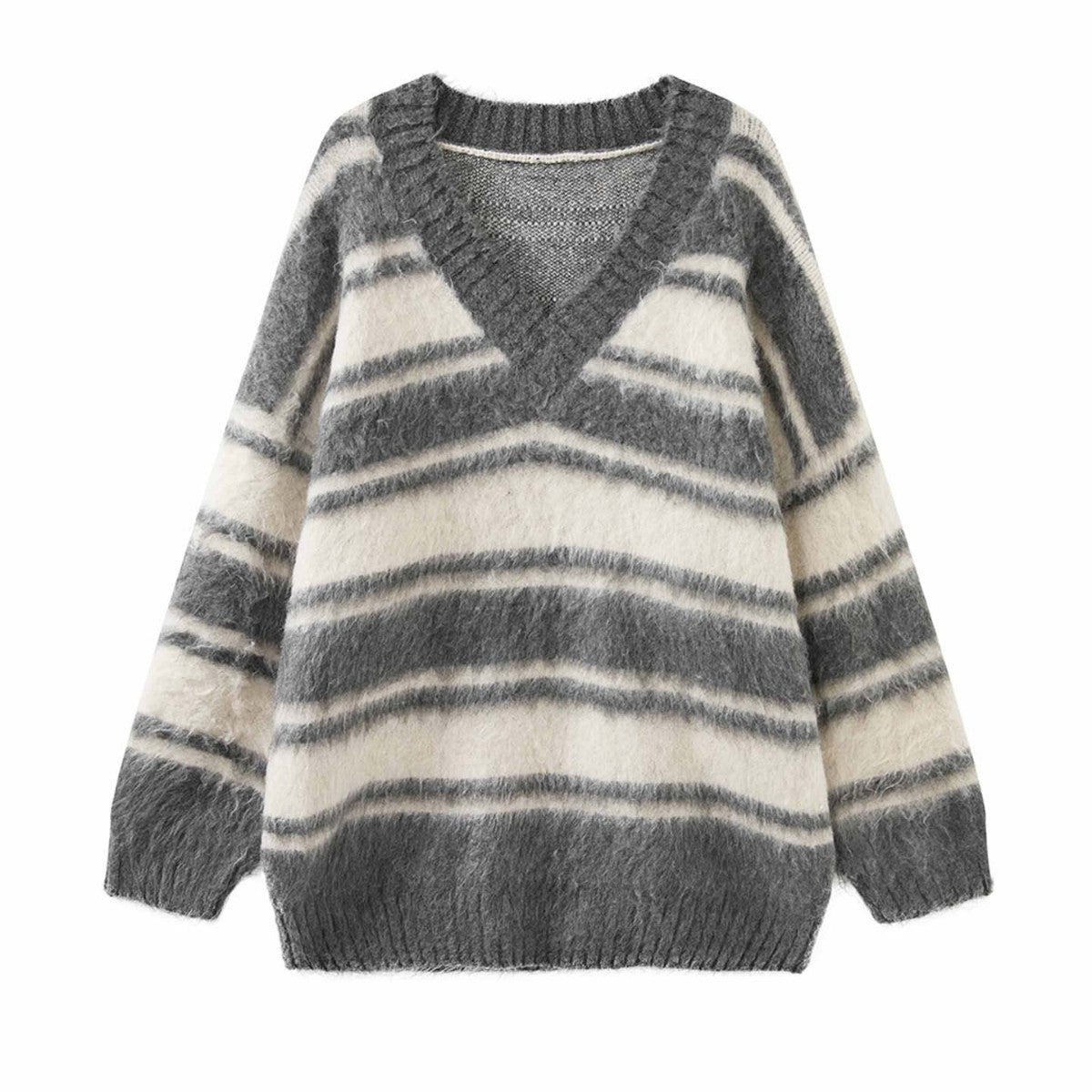 Women Oversized V-Neck Mohair Look Stripe Sweater Chichicherry