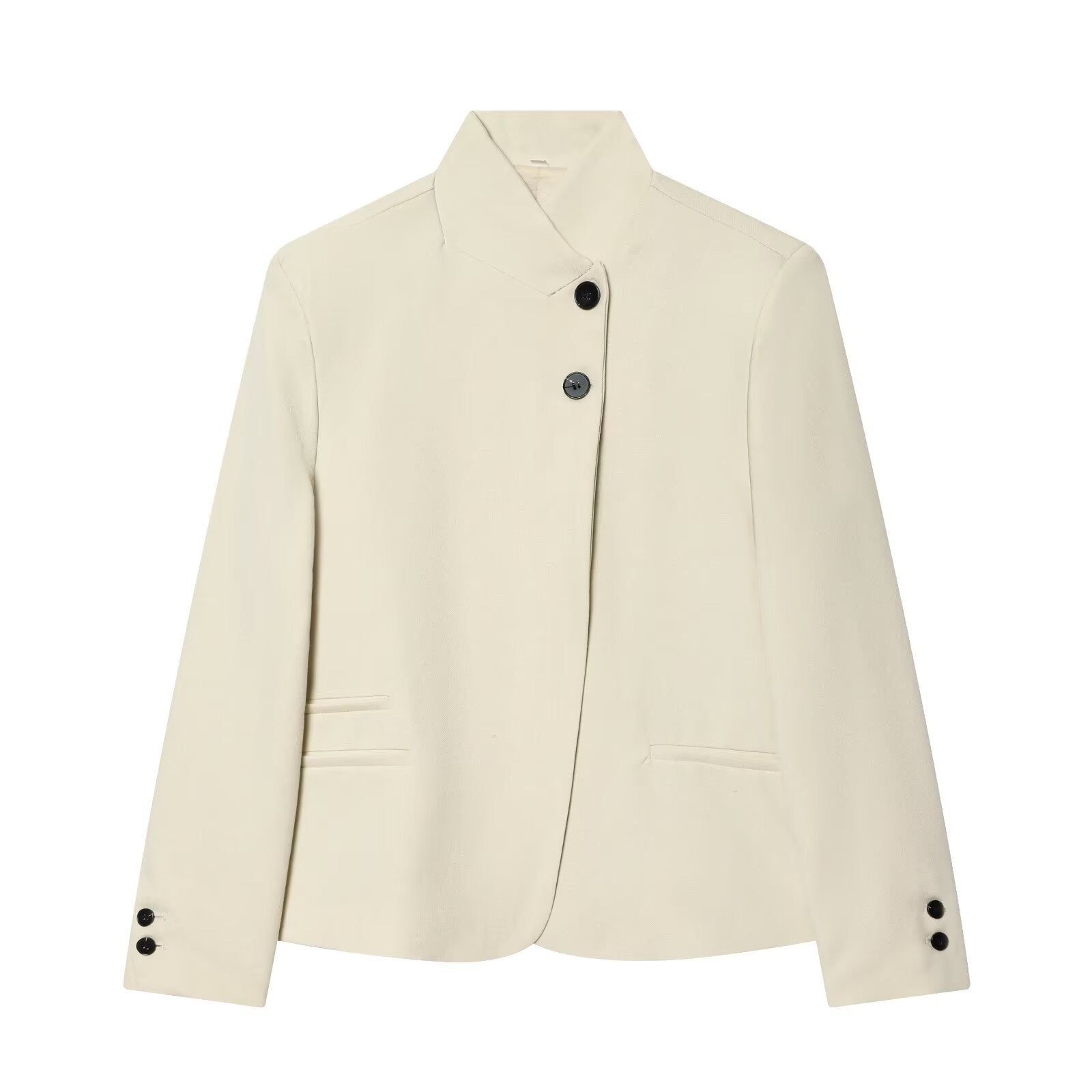 Women Tailored Blazer with Stand-up Collar and Concealed Button Placket Chichicherry
