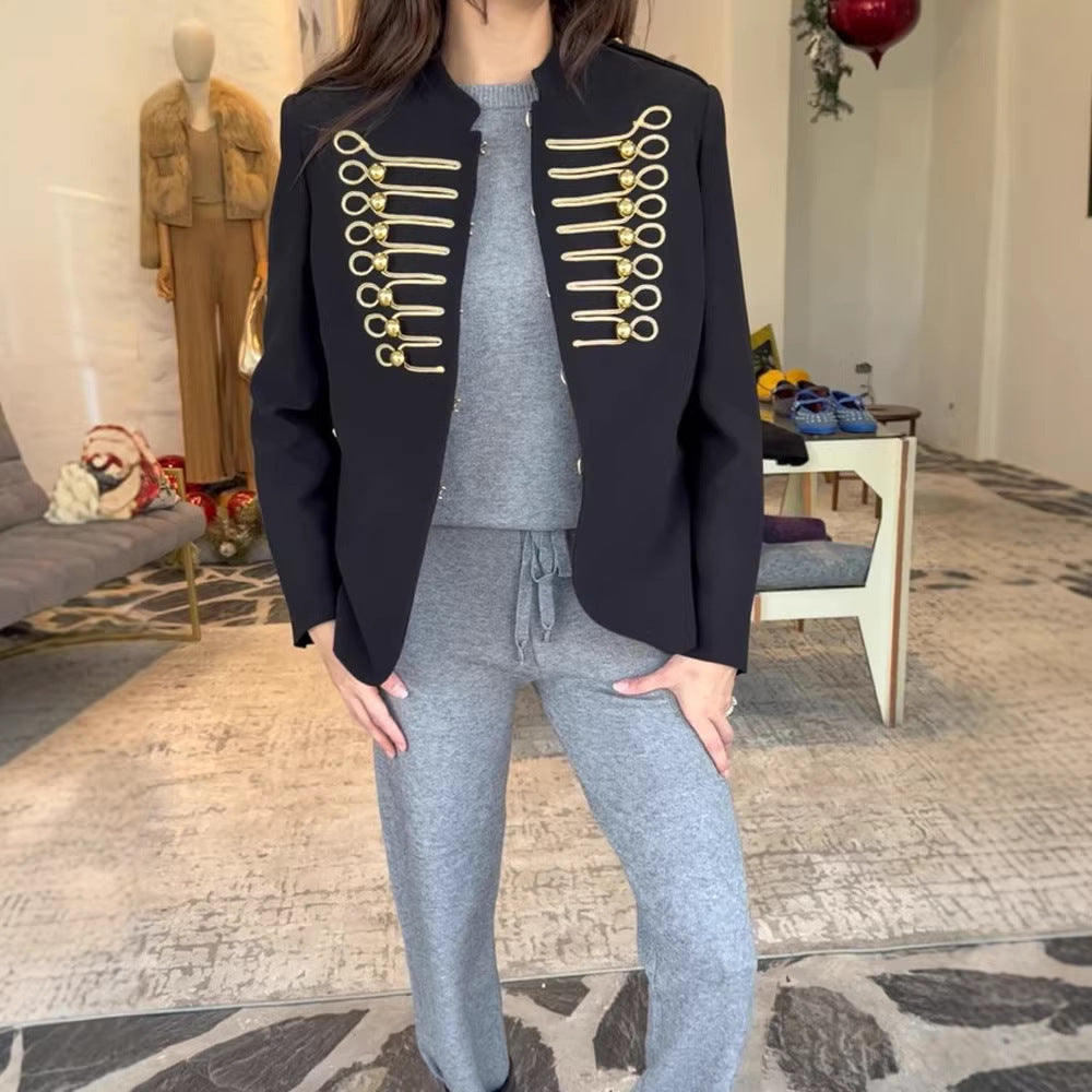 Ladies military short blazer with gold cord trim and decorative closures Chichicherry