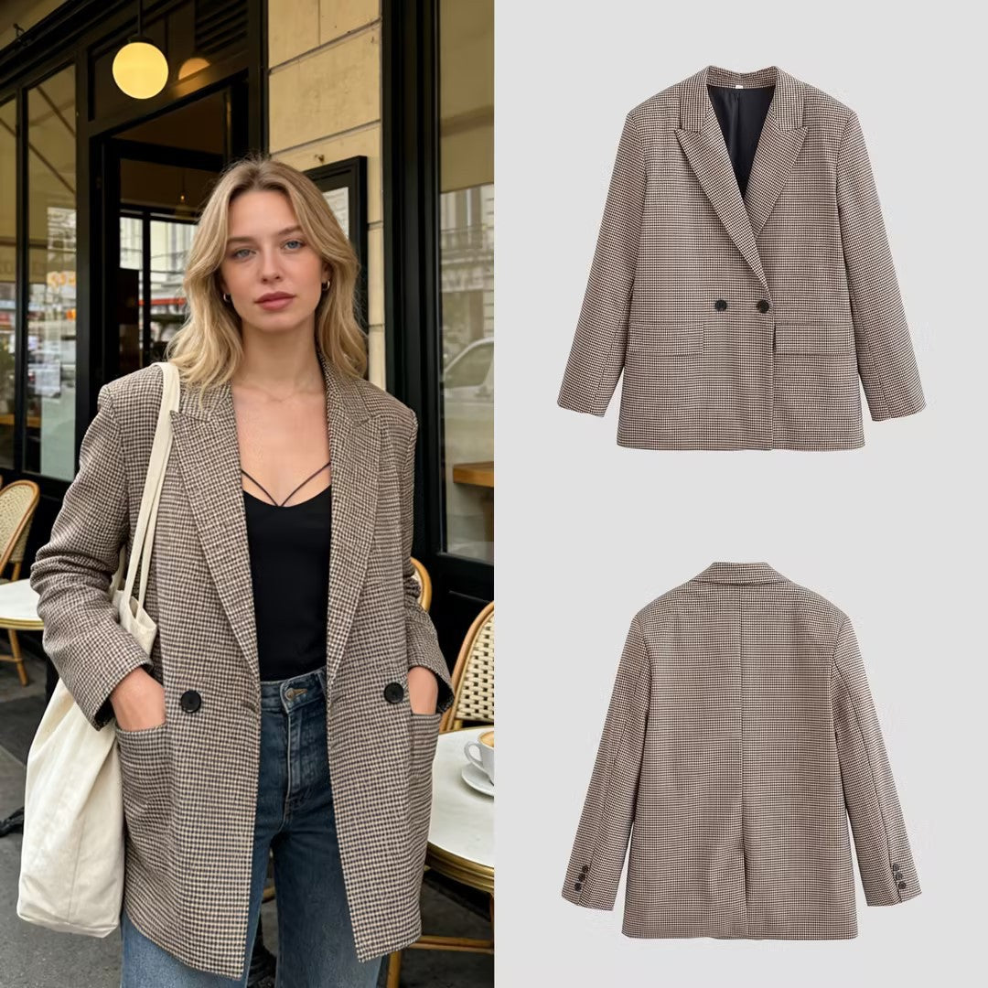Women Double-Breasted Oversized Blazer with Houndstooth Pattern and Flap Pockets Chichicherry