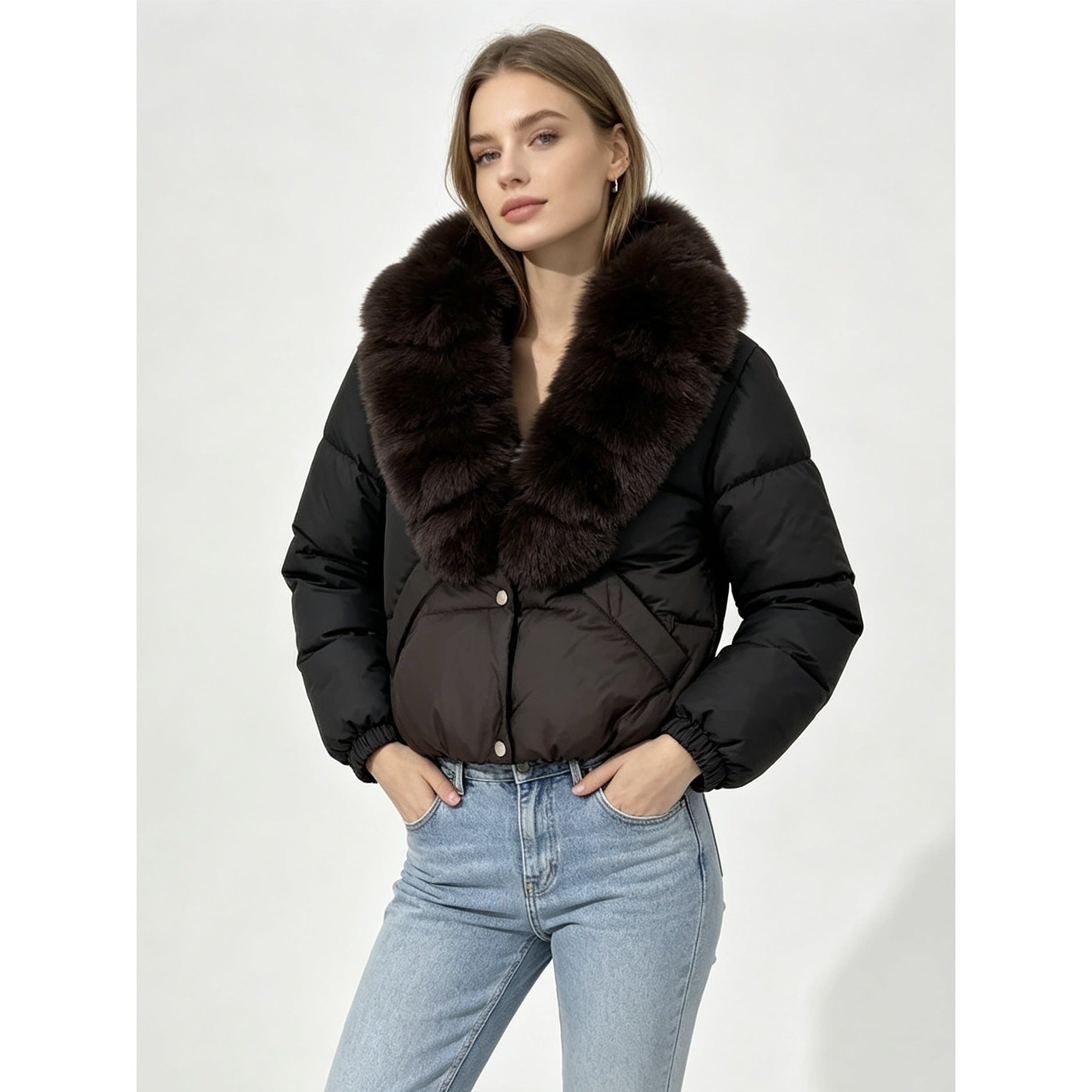Women's cropped padded jacket with extra voluminous faux fur shawl collar and elastic cuffs Chichicherry
