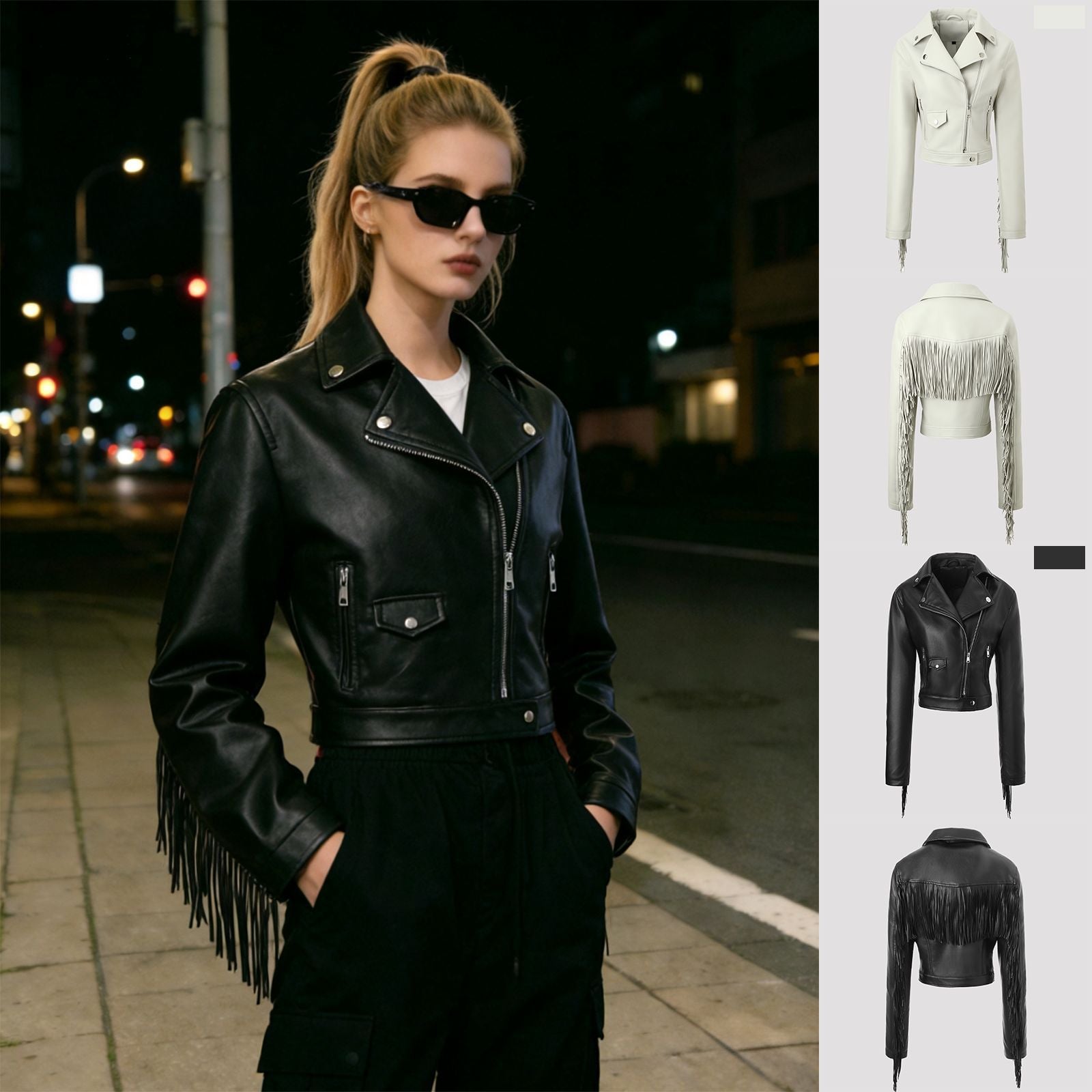 Women short cut fitted biker jacket made of artificial leather with fringes on the sleeves and asymmetric zipper Chichicherry