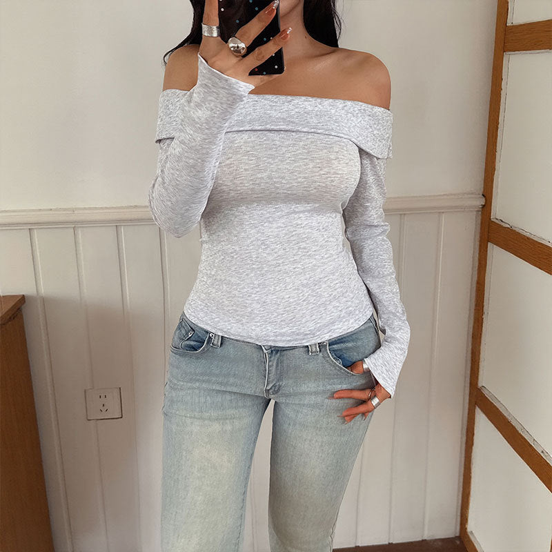 Women Off-Shoulder Long Sleeve Shaping Shirt with Rolled Carmen Yoke and Tailored Silhouette Chichicherry