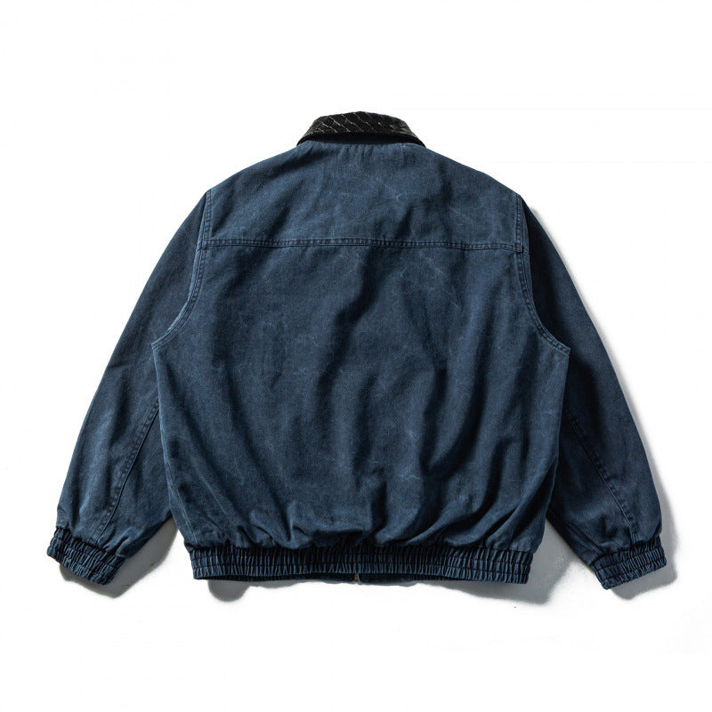 Men's Boxy Denim Blouson Jacket with Quilted Leather Collar and Elastic Cuffs Chichicherry