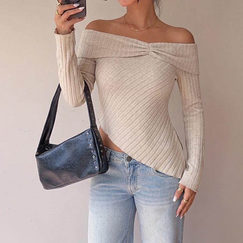 Women's Figure-Hugging Off-Shoulder Ribbed Knit Top with Knot Front and Asymmetrical Hem Chichicherry