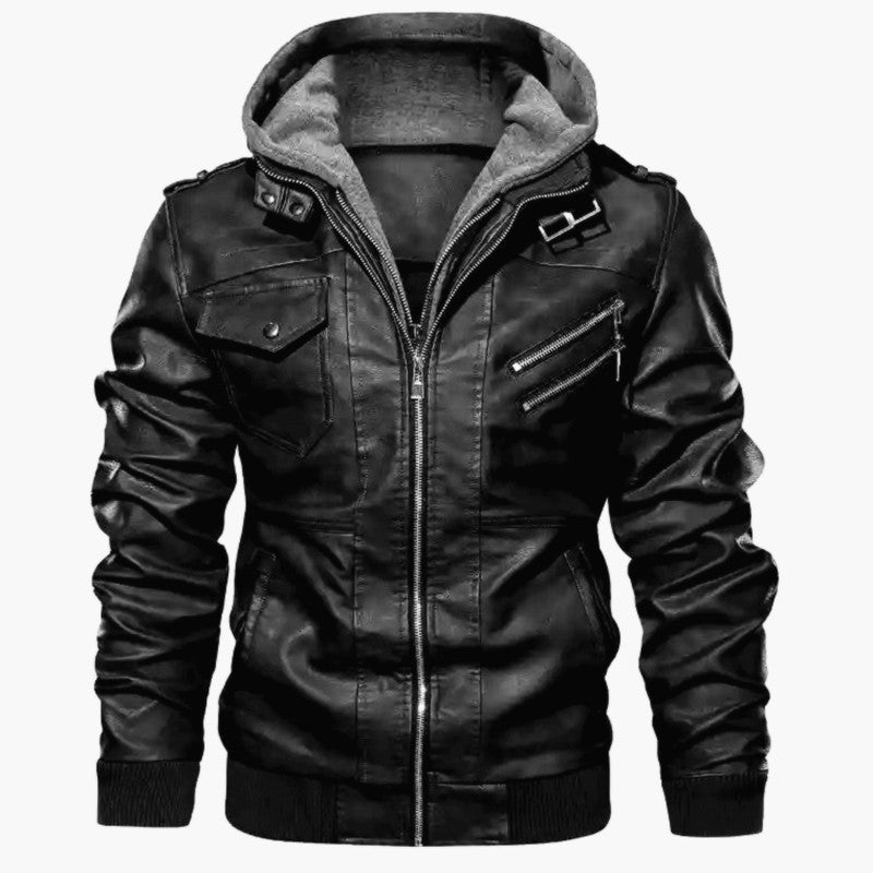 Men's Faux Leather Bomber Jacket with Hood Lining, Multiple Zipper Pockets and Ribbed Cuffs Chichicherry