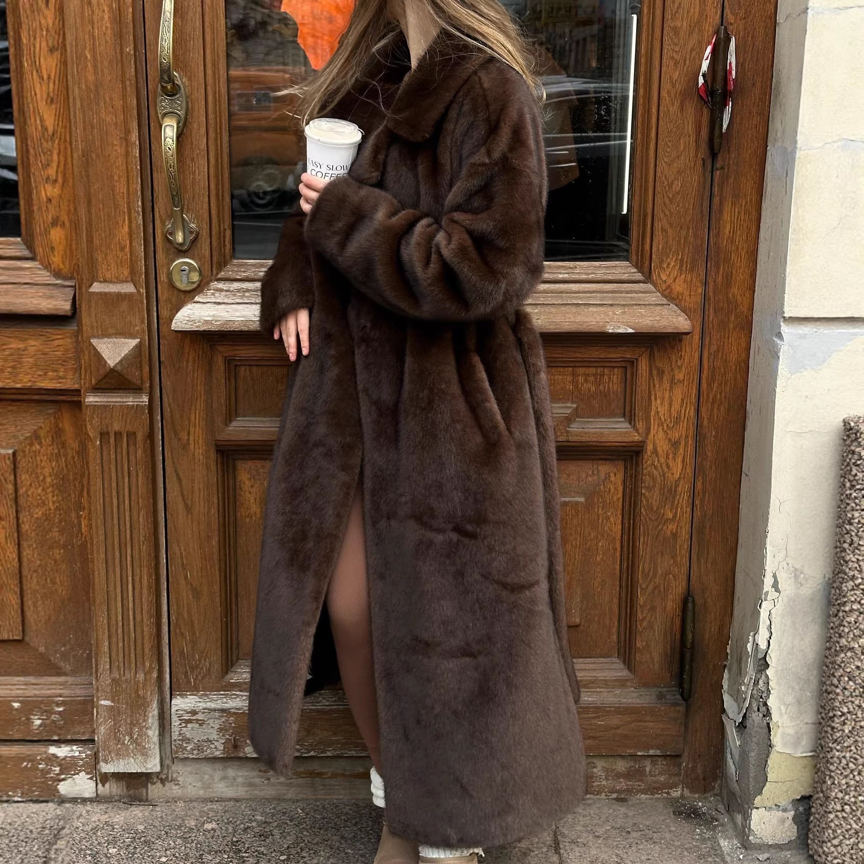 Women's elegant long pile faux fur coat with hood and tailored silhouette Chichicherry