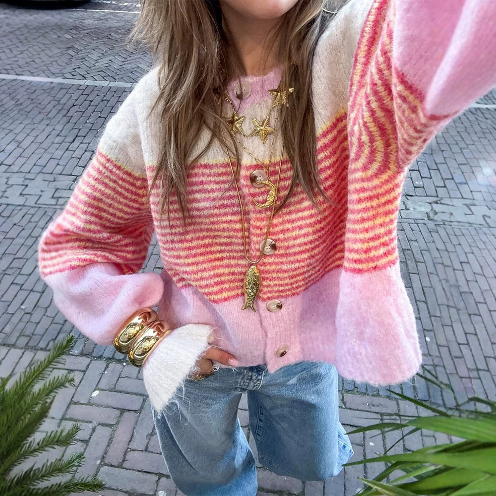 Women's Short Knit Cardigan made of Mohair Blend with Stripes, Button Placket and Balloon Sleeves Chichicherry