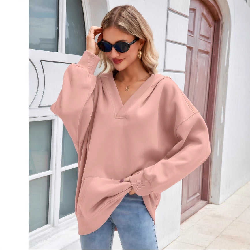 Women's Oversized V-Neck Hoodie with Hood, Kangaroo Pocket and Extended Hem Chichicherry