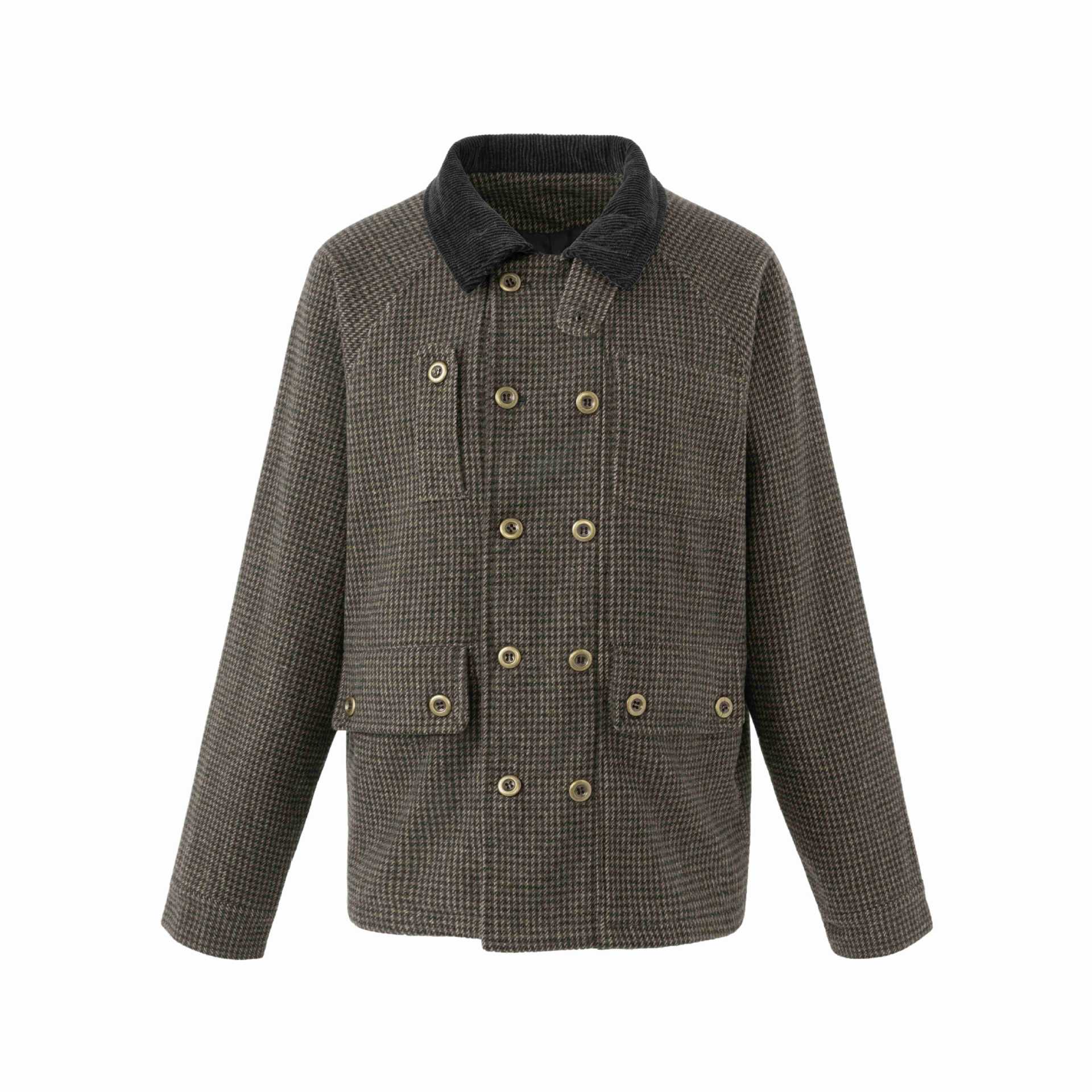 Men's double-breasted wool blend blouson with corduroy collar and patch pockets Chichicherry