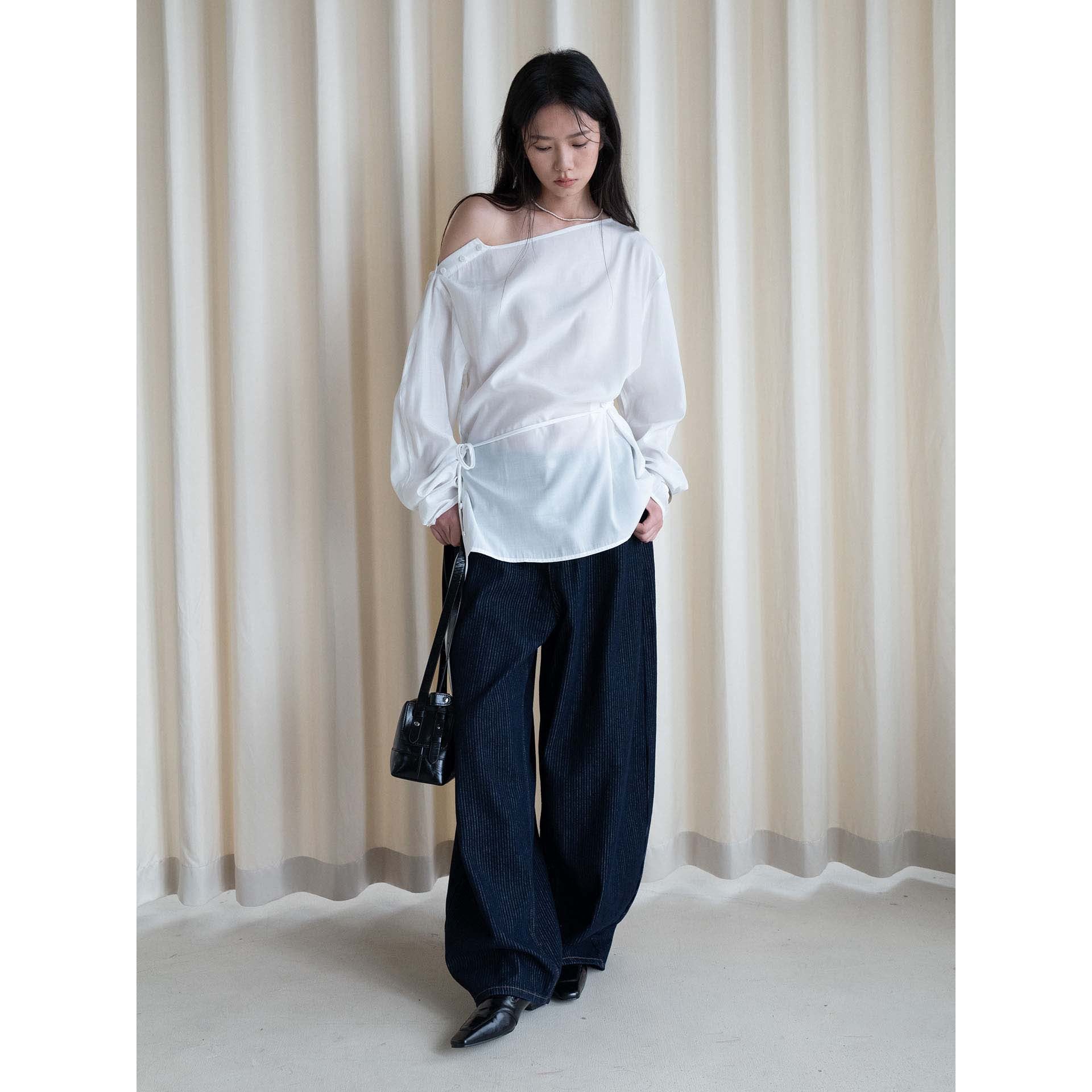 Women Asymmetric One-Shoulder Wrap Blouse made of Satin Chichicherry