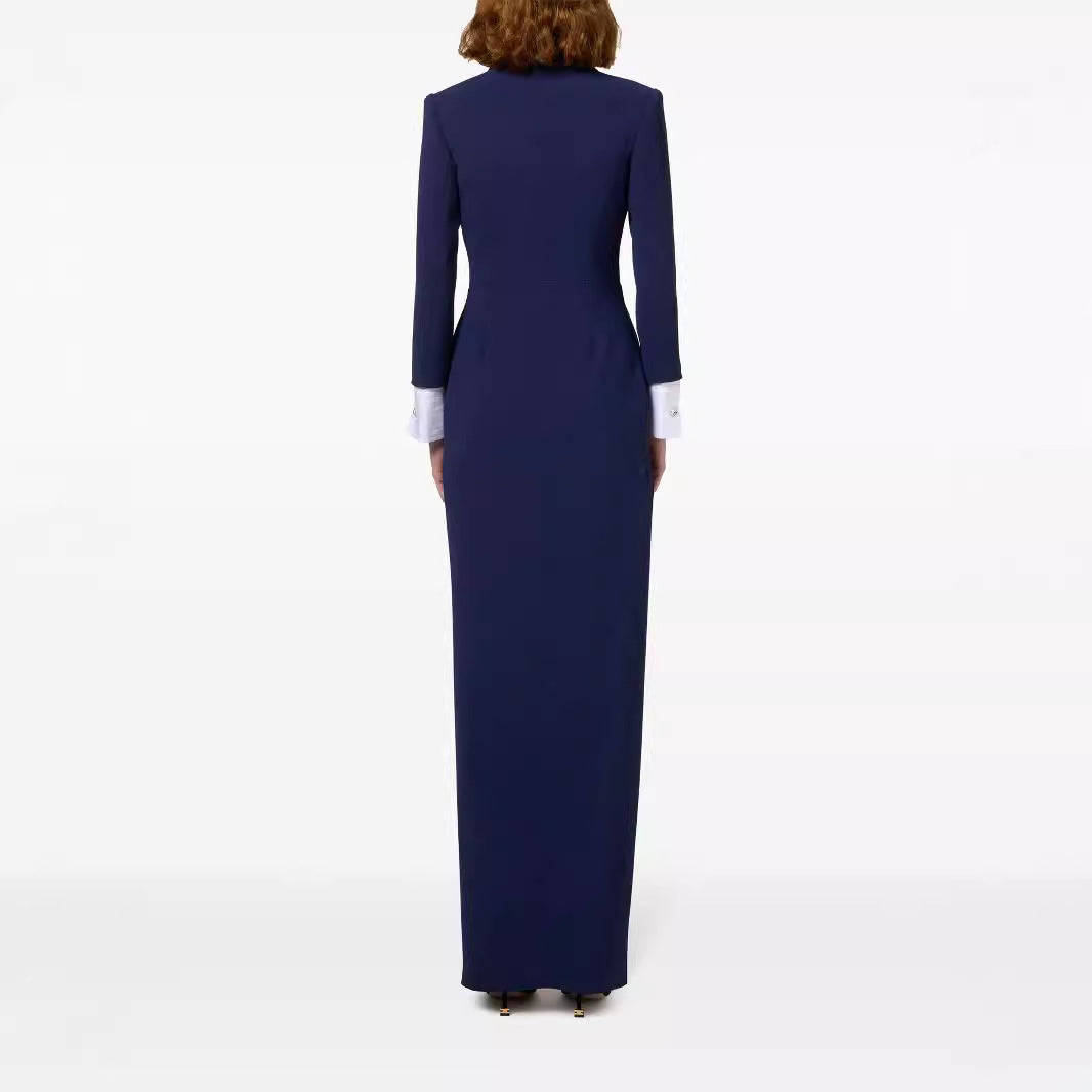 Women's Slim Smoking Blazer Dress in Maxi Length with Satin Lapels and Wrap Look Chichicherry
