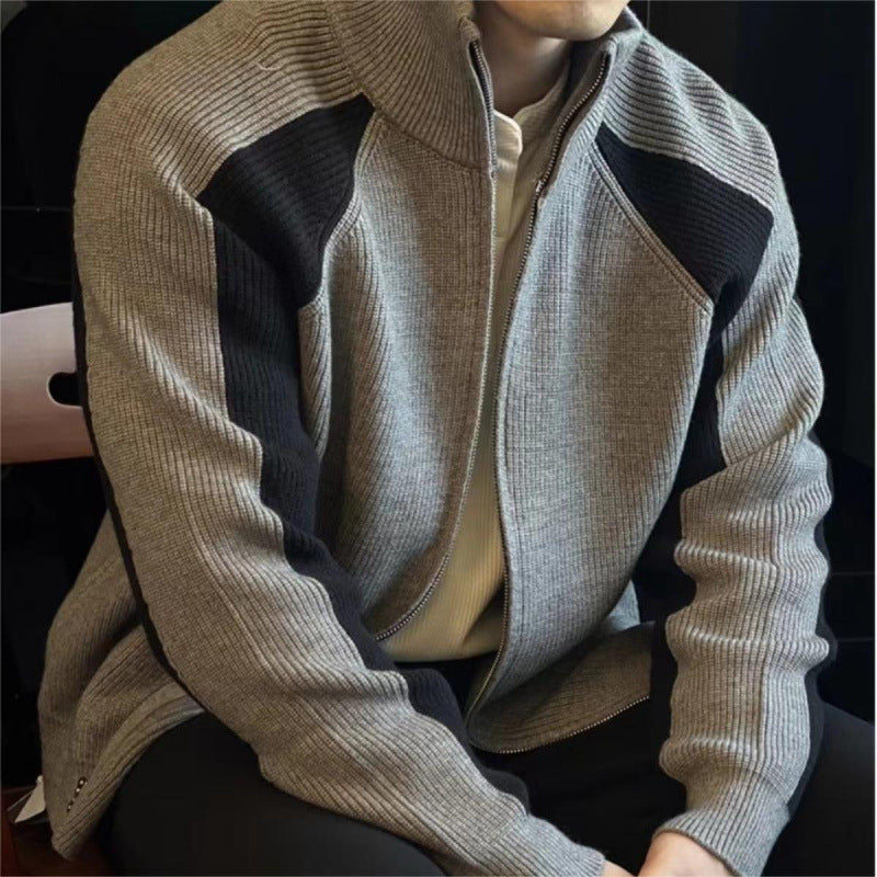 Herren Strick-Zipjacke mit Kontrastpanele, Stehkragen und markanter Rippenstruktur Chichicherry