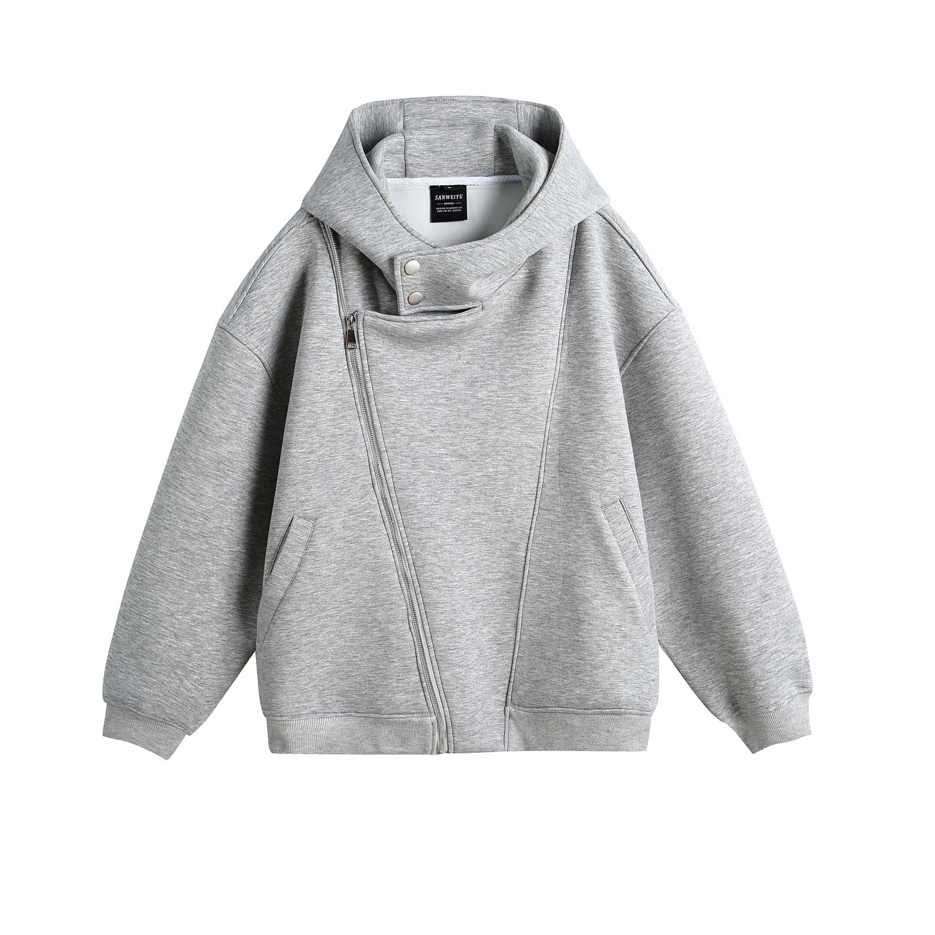 Unisex Oversize Hooded Zip Jacket with Asymmetrical Zip and High Funnel Collar Chichicherry